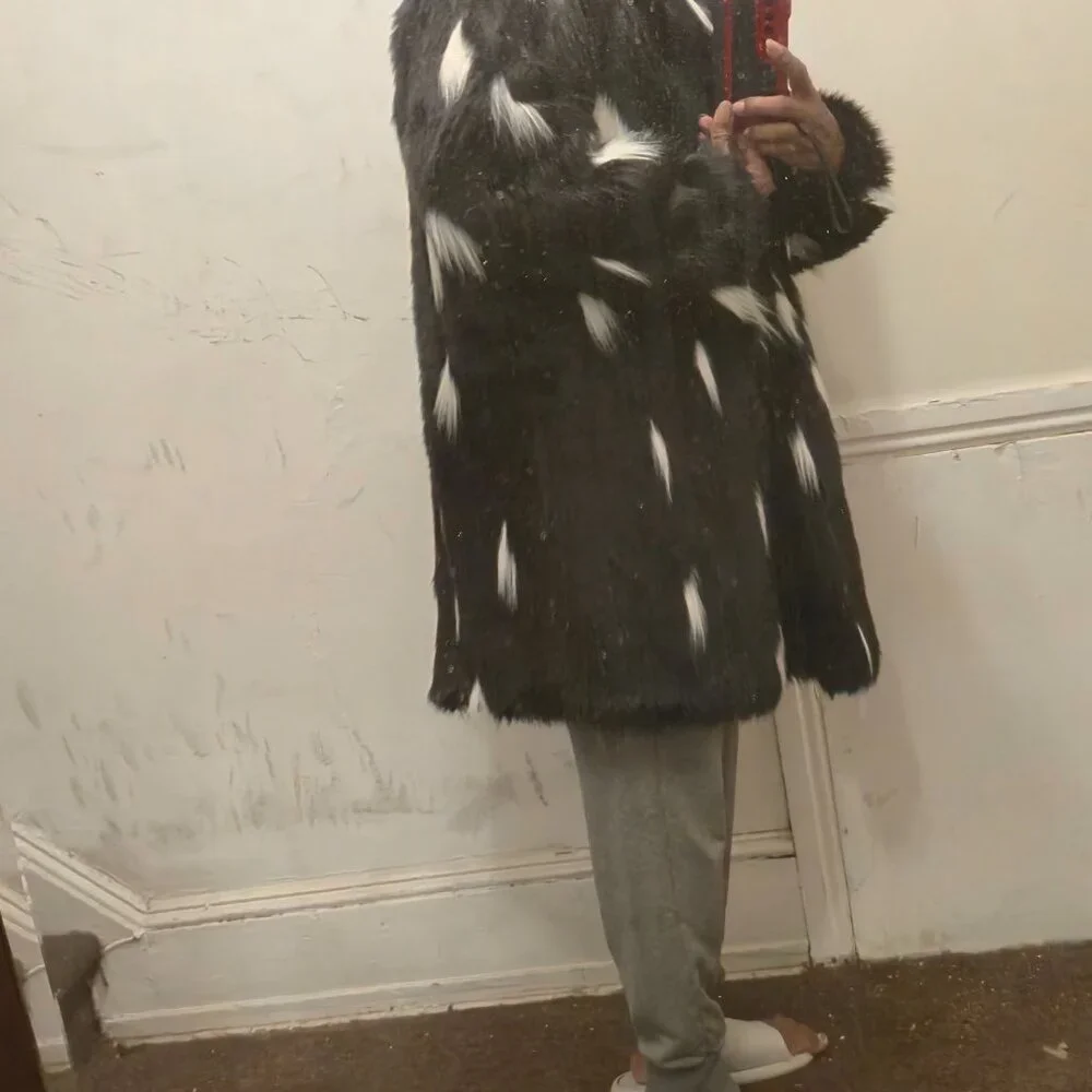 Faux Fur Jacket Mens Middle-length Black Long-sleeved Fox Fur Jacket Warm Trench - Picture 2 of 13